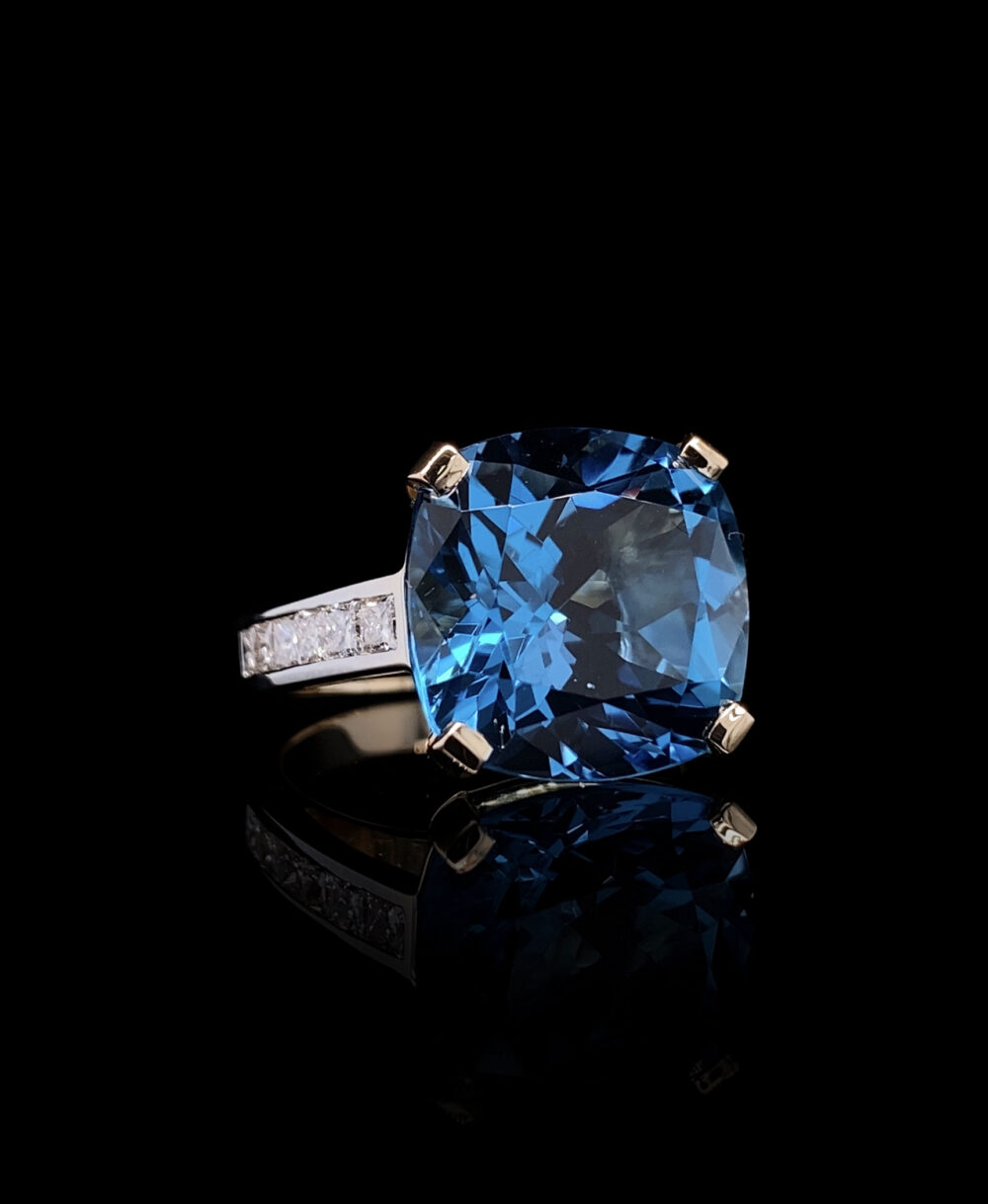 Cushion Cut Sky Blue Topaz and Princess Cut Diamond Ring(2)