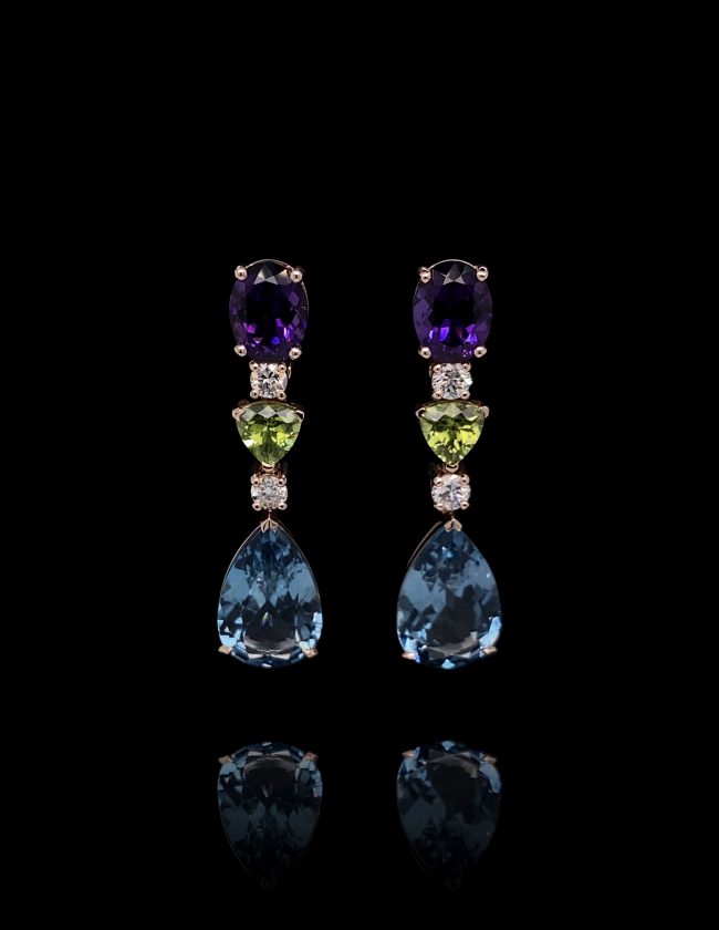 Oval Shape Amethyst, Trilliant Cut Peridot, Pear Shape London Blue Topaz Brilliant Cut Diamonds Earrings