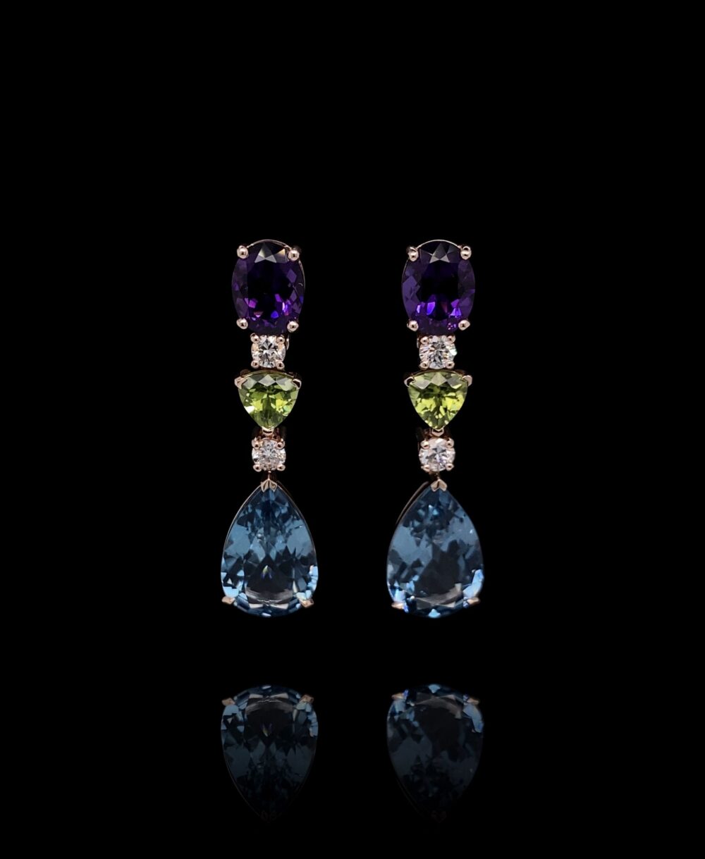 Oval Shape Amethyst, Trilliant Cut Peridot, Pear Shape London Blue Topaz Brilliant Cut Diamonds Earrings