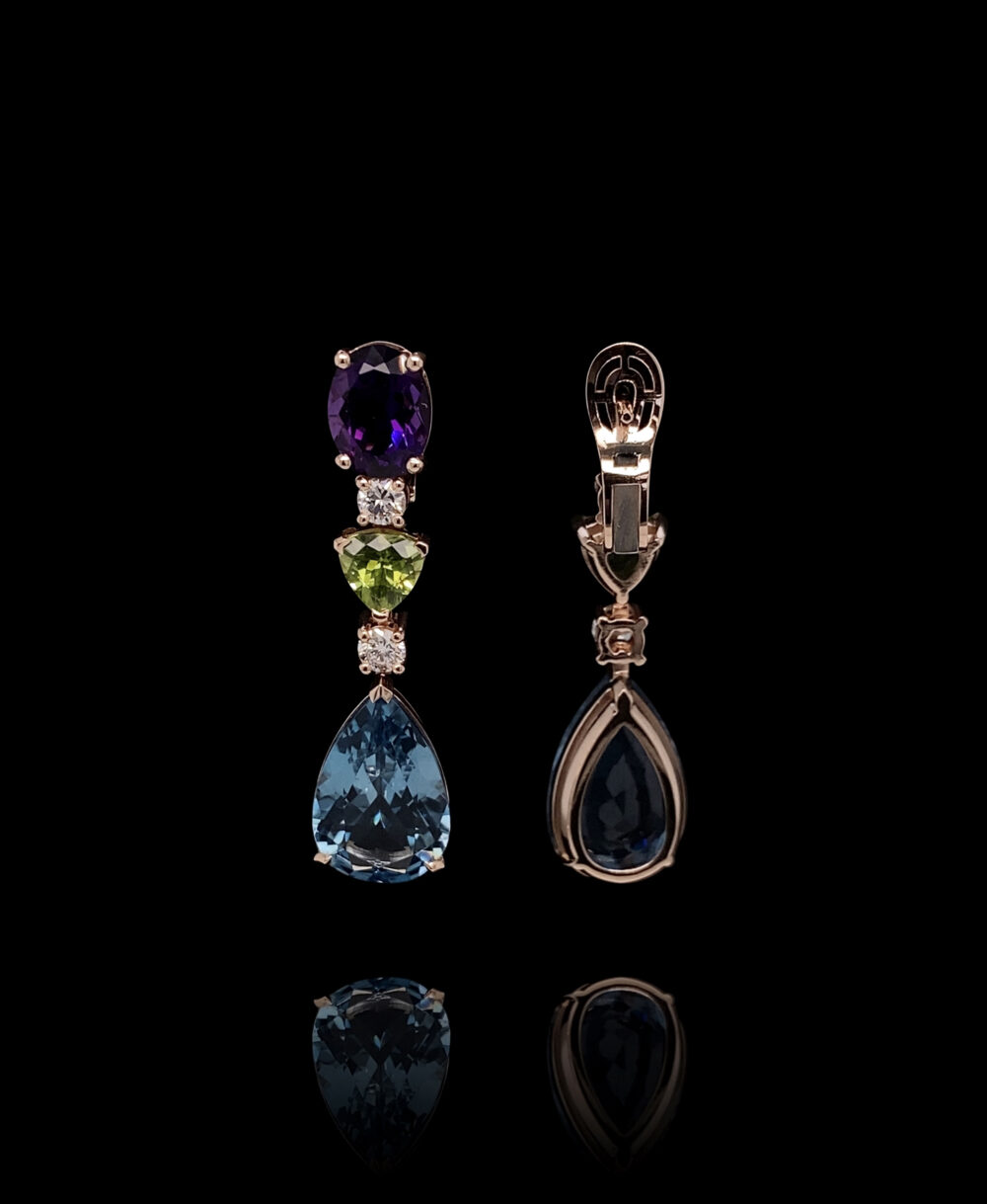Rosegold earrings with oval shape amethyst, trilliant cut peridot, pear shape london blue topaz and brilliant cut diamonds