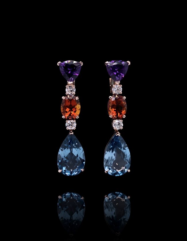 Trilliant Cut Amethyst, Oval Shape Citrine, Pear Shape London Blue Topaz Brilliant Cut Diamonds Earrings